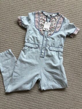 ZARA Light Blue Floral-Trim Cotton Jumpsuit